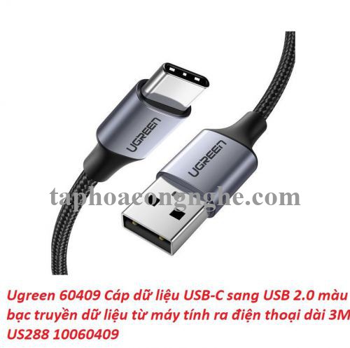 Ugreen 60409 3M Qc3.0 usb type c 2.0 Cáp sạc và dữ liệu từ máy tính ra điện thoại đầu nhôm xám US288 30060409